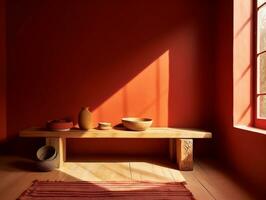 modern kamer met rood muren en houten bank ai generatief foto