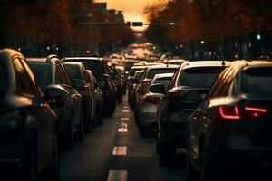 een reusachtig lijn van verkeer jam auto's in een straat bokeh stijl achtergrond met generatief ai foto