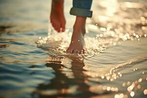 menselijk voeten wandelen Aan water van de zee bokeh stijl achtergrond met generatief ai foto
