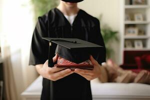 hand- Holding omhoog diploma uitreiking hoed in badkamer bokeh stijl achtergrond met generatief ai foto