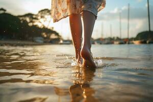 menselijk voeten wandelen Aan water van de zee bokeh stijl achtergrond met generatief ai foto