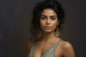 mooi Indisch nationaliteit vrouw model- portretten met generatief ai foto