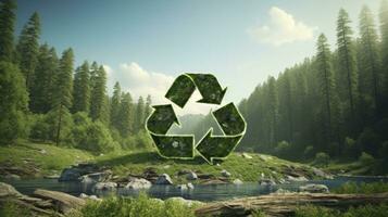 natuur omarmd recycling symbool. een telefoontje naar actie voor klimaat behoud en verspilling vermindering. ai gegenereerd foto