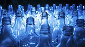 verlicht blauw plastic flessen geregeld horizontaal. ai gegenereerd foto