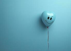 expressief ballon met smiley emoji tegen een blauw muur. ai gegenereerd foto