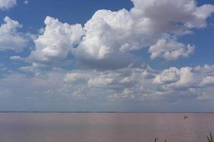 witte wolken boven het roze zoutmeer foto