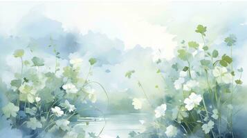 groen bloemen en bladeren waterverf schilderij zacht, dromerig landschap digitaal kunst. ai gegenereerd foto
