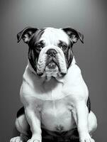 gelukkig hond bulldog zwart en wit monochroom foto in studio verlichting