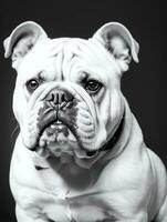 gelukkig hond bulldog zwart en wit monochroom foto in studio verlichting