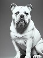 gelukkig hond bulldog zwart en wit monochroom foto in studio verlichting