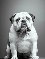 gelukkig hond bulldog zwart en wit monochroom foto in studio verlichting