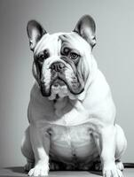 gelukkig hond bulldog zwart en wit monochroom foto in studio verlichting