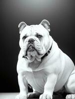 gelukkig hond bulldog zwart en wit monochroom foto in studio verlichting