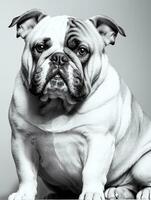 gelukkig hond bulldog zwart en wit monochroom foto in studio verlichting