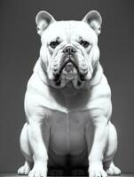 gelukkig hond bulldog zwart en wit monochroom foto in studio verlichting