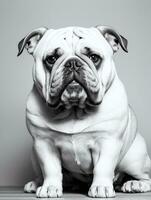 gelukkig hond bulldog zwart en wit monochroom foto in studio verlichting