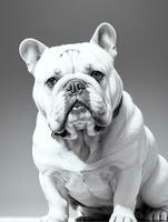 gelukkig hond bulldog zwart en wit monochroom foto in studio verlichting