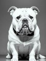 gelukkig hond bulldog zwart en wit monochroom foto in studio verlichting