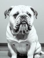 gelukkig hond bulldog zwart en wit monochroom foto in studio verlichting