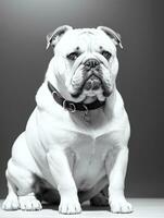 gelukkig hond bulldog zwart en wit monochroom foto in studio verlichting