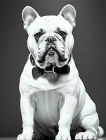 gelukkig hond bulldog zwart en wit monochroom foto in studio verlichting