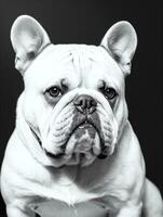 gelukkig hond bulldog zwart en wit monochroom foto in studio verlichting