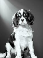 gelukkig cavalier koning Charles spaniel hond zwart en wit monochroom foto in studio verlichting