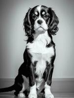 gelukkig cavalier koning Charles spaniel hond zwart en wit monochroom foto in studio verlichting