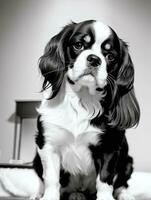 gelukkig cavalier koning Charles spaniel hond zwart en wit monochroom foto in studio verlichting