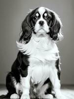 gelukkig cavalier koning Charles spaniel hond zwart en wit monochroom foto in studio verlichting