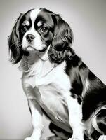 gelukkig cavalier koning Charles spaniel hond zwart en wit monochroom foto in studio verlichting