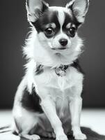 gelukkig chihuahua hond zwart en wit monochroom foto in studio verlichting