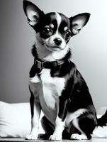 gelukkig chihuahua hond zwart en wit monochroom foto in studio verlichting