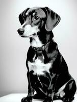 gelukkig teckel hond zwart en wit monochroom foto in studio verlichting