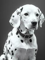 gelukkig dalmatiër hond zwart en wit monochroom foto in studio verlichting