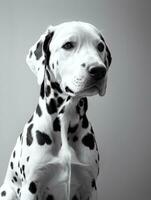 gelukkig dalmatiër hond zwart en wit monochroom foto in studio verlichting