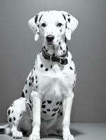 gelukkig dalmatiër hond zwart en wit monochroom foto in studio verlichting