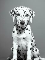 gelukkig dalmatiër hond zwart en wit monochroom foto in studio verlichting