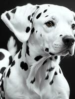 gelukkig dalmatiër hond zwart en wit monochroom foto in studio verlichting