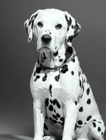 gelukkig dalmatiër hond zwart en wit monochroom foto in studio verlichting