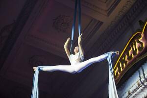 de meisje presteert acrobatisch getallen Aan de doeken. een klein circus artiest presteert Aan de doeken van acrobaten. kind uitvoeren acrobatisch elementen in de lucht foto