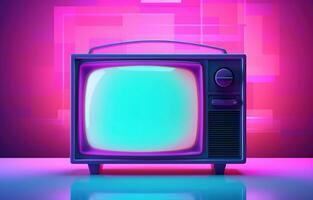 oud TV in roze blauw helling neon licht. retro kleurrijk afbeelding. oud TV neon generatief ai foto