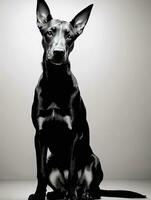 gelukkig doberman pinscher hond zwart en wit monochroom foto in studio verlichting