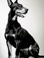 gelukkig doberman pinscher hond zwart en wit monochroom foto in studio verlichting