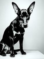 gelukkig doberman pinscher hond zwart en wit monochroom foto in studio verlichting