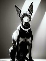 gelukkig doberman pinscher hond zwart en wit monochroom foto in studio verlichting