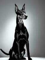 gelukkig doberman pinscher hond zwart en wit monochroom foto in studio verlichting