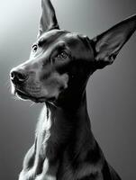 gelukkig doberman pinscher hond zwart en wit monochroom foto in studio verlichting