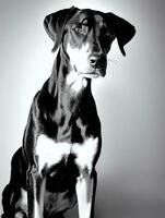 gelukkig doberman pinscher hond zwart en wit monochroom foto in studio verlichting