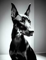 gelukkig doberman pinscher hond zwart en wit monochroom foto in studio verlichting